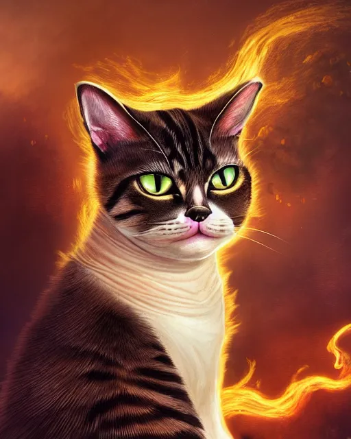 Image similar to a cat. a detailed portrait digital rococo painting of a beautiful cat wearing fantasy clothing. the cat has an, evil mood, hellish battlefield in the background, unreal engine, embers flying, hyper realism, realistic shading, cinematic composition, blender render, octane render, ultrawide shot