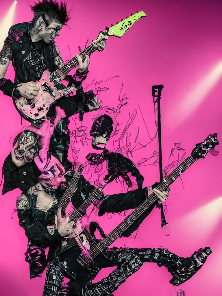 Image similar to a singular Punk rock Frankenstein with a pink mohawk playing guitar