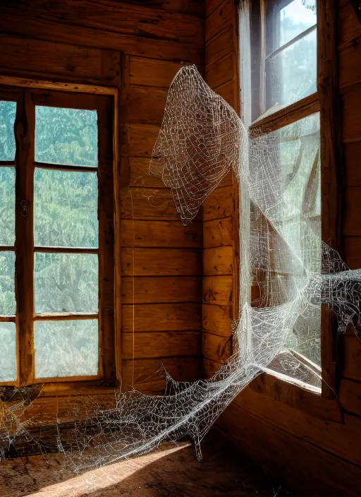 Image similar to a film production still, 2 8 mm, wide shot of a cabin interior, rooster, wooden furniture, cobwebs, spiderwebs, window light illuminates dust in the air, abandoned, depth of field, cinematic