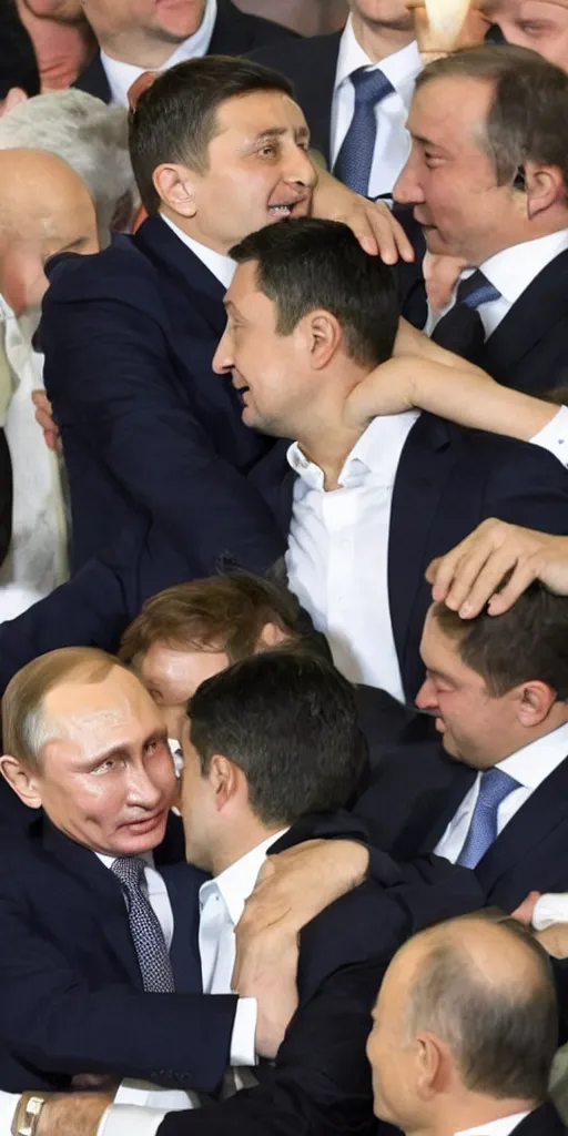 Prompt: Vladimir Putin gives Volodymyr Zelenskyy a warm and loving hug