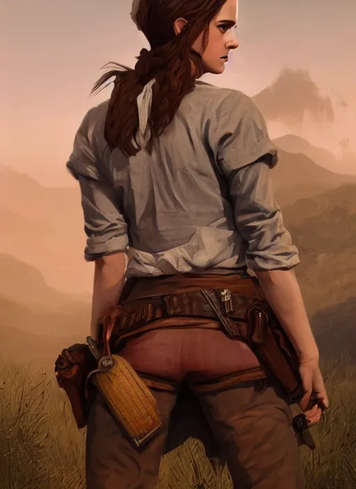 Prompt: highly detailed full body portrait of emma watson red dead redemption art, horse back, unreal engine, fantasy art by greg rutkowski