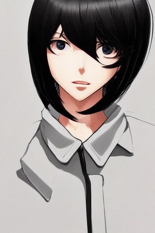 Prompt: medium close-up of a manga girl with a stylish trenchcoat by Ilya Kuvshinov, black medium length Dutch bob cut hair with straight bangs, poster