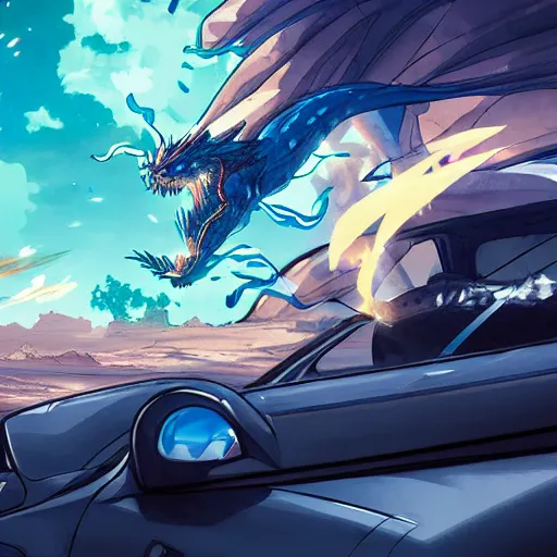 Image similar to dragon spits fire on a blue knight in a green hatchback car, close up, anime, desert landscape, greg rutkowski, Murata, one punch man manga,