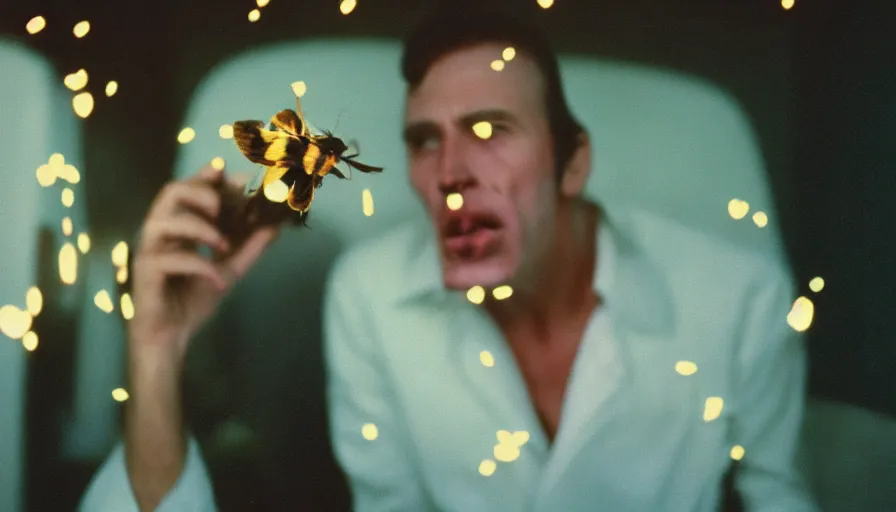 Image similar to 7 0 s movie still of a man with moths in the mouth, cinestill 8 0 0 t 3 5 mm eastmancolor, heavy grain, high quality, high detail