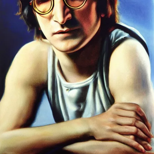 Image similar to A portrait of teenage John Lennon, by Annie Leibovitz, oil painting, majestic, detailed, high resolution