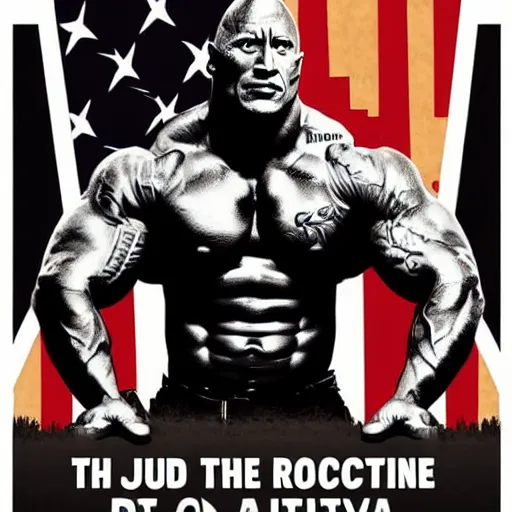 Prompt: “Propaganda poster of Dwayne the Rock Johnson recruiting members, Axis power style, 4K”