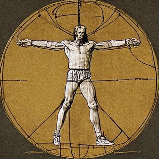 Image similar to Michael Jordan as the Vitruvian Man by leonardo da vinci, detailed, 8k, intricate blueprint