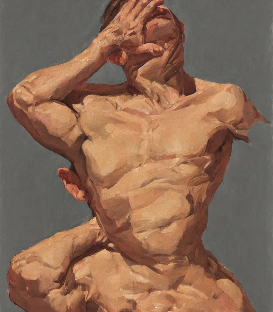 Prompt: portrait of a young man without shirt in the style of lucian freud. his face has many wrinkles, cuts and character. he is looking down. oil painting, thick brush strokes. shadows. clean gray brown background. lit by a single light from above his head. perspective from below. 5 0 mm