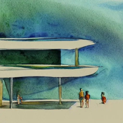 Image similar to watercolor sketch of organic rectangular architecture concept, sea, renzo piano, sketche, villa, people, beach, artistic, ecology, green.