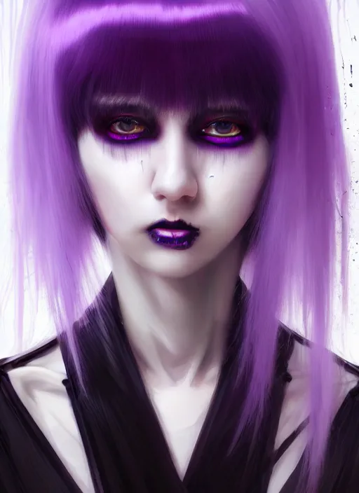 Image similar to hair whitebangs hair, black cyberlox, portrait of normal teenage girl, white bangs, messy bangs, fluffy bangs, cyberlox, whitebangs, red contact lenses, purple background, intricate, elegant, highly detailed, digital painting, artstation, concept art, sharp focus, smooth, illustration, art by wlop, mars ravelo and greg rutkowski