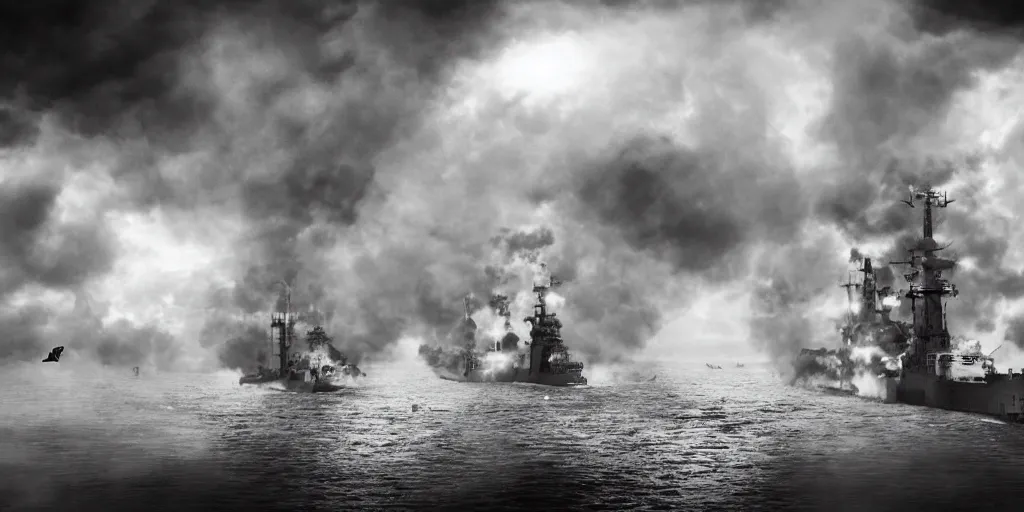 Prompt: naval duel of steampunk battleship vs dieselpunk battleship, shots fired, clouds of smoke, bird's eye view, full shot, cinematic, high res, 120 film black and white photograph