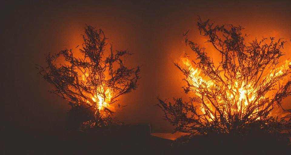 Prompt: high quality studio photography of a burning bush, solid background