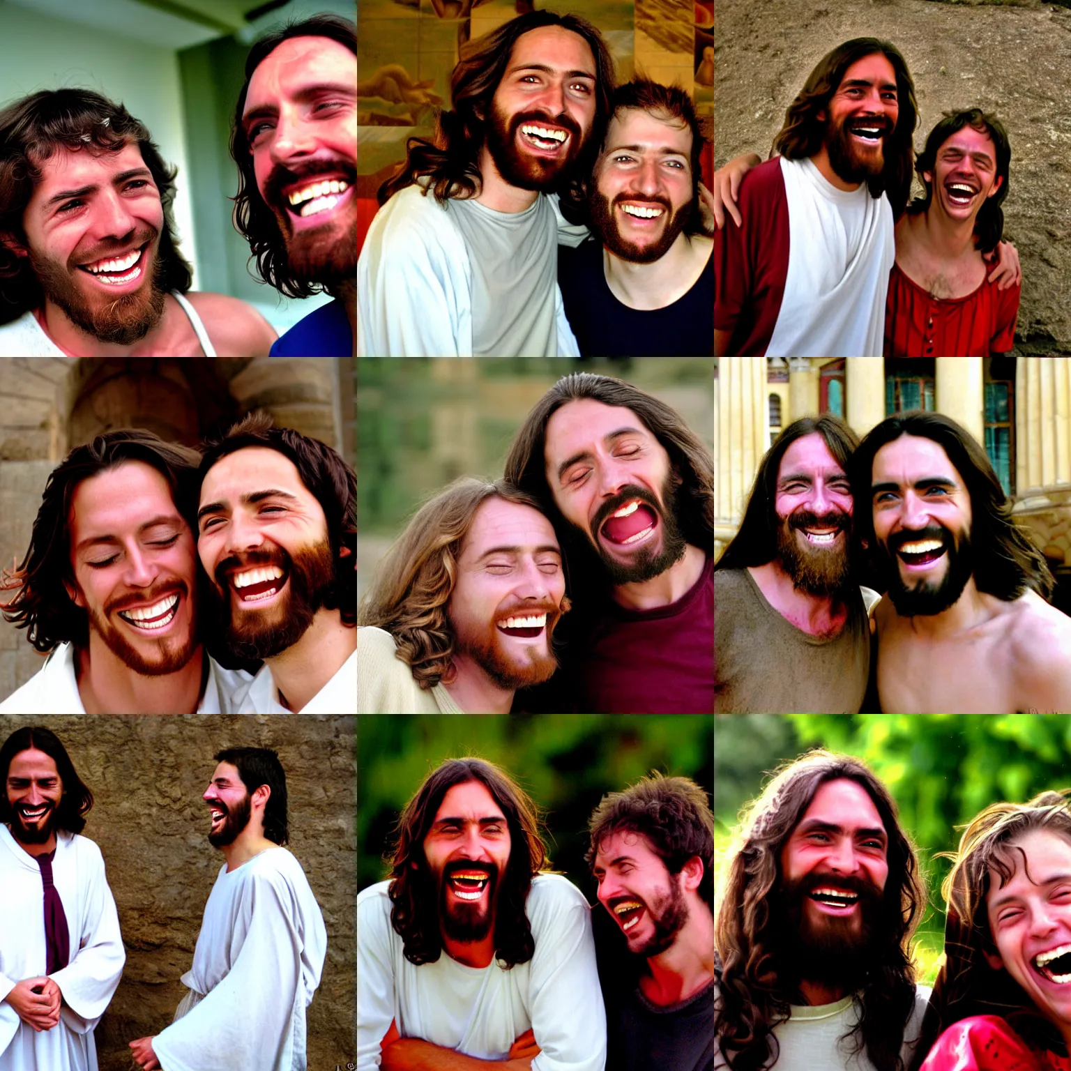 Prompt: jesus christ and el risitas together laughing, high - quality photograph, 2 0 0 6