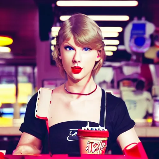 Prompt: taylor swift portrait working in a fast food restaurant, in a cinematic cyberpunk style, 3 5 mm