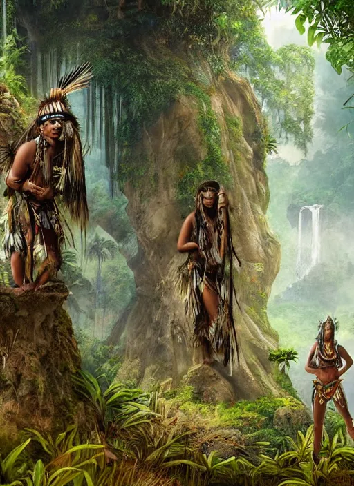 Image similar to two indigenous people standing side by side in the jungle, fantasy art, highly detailed, matte painting