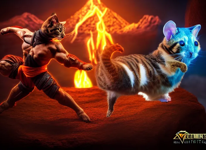 Prompt: hamster fights a cat in mortal kombat on the background of volcano with shao khan cheering. fantasy magic style. highly detailed 8 k. intricate. lifelike. soft light. sony a 7 r iv 5 5 mm. [ cinematic post - processing ].