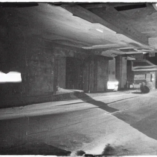 Image similar to b&w photography, lost footage, weird perspectives, darkness with some light, sharp and blurry, unclear what it is or what it is not