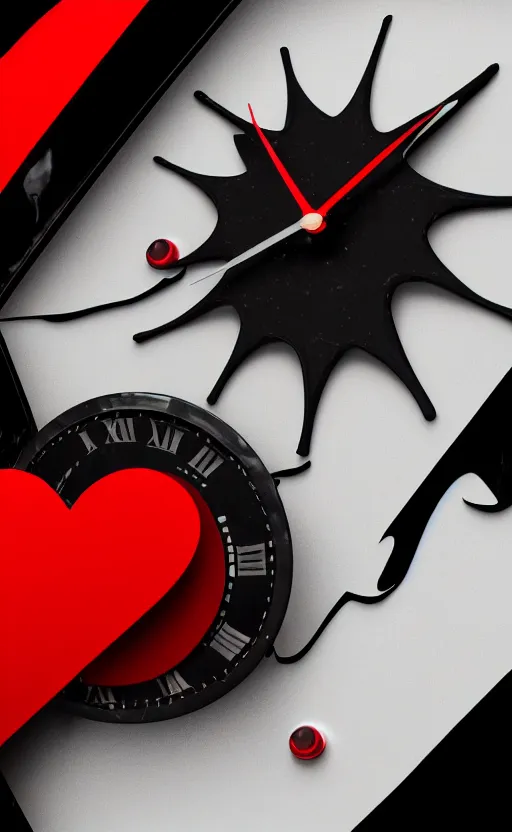 Image similar to a melting Roman numeral clock, behind a red and black gradient background, awith a black heart shaped on the top left corner and a black diamond card shape in the bottom right corner, dynamic lighting, photorealistic fantasy concept art, trending on art station, stunning visuals, cinematic, creative, ultra detailed