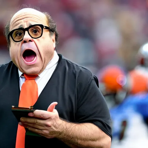 Prompt: danny devito as a nfl football coach, angry, clipboard