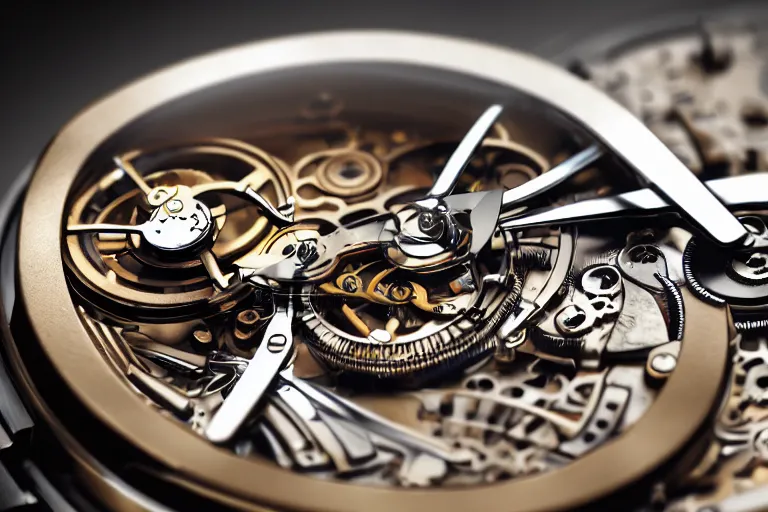 Image similar to close up of a futuristic steampunk watch lying on a table, high detail, sharp focus, depth of field, bokeh, cinematic lighting and composition, by syd mead and greg rutkowski and android jones