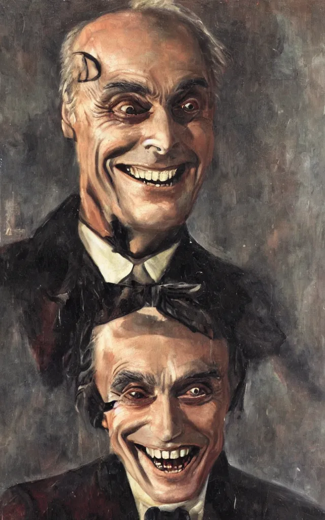 Image similar to portrait of conrad veidt the man who laughs wide grin, award winning oil painting, sharp color palette