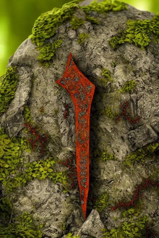 Prompt: a portrait of a rusty longsword stuck in stone, fantasy setting, rust and corrosion, moss and vegetation, ancient forest, excalibur, close - up, intricate details, intricately detailed textures, warm lighting, vivid colors, smoke and mist, hyper realistic octane render, volumetric shading, depth of field, raytracing, 8 k,