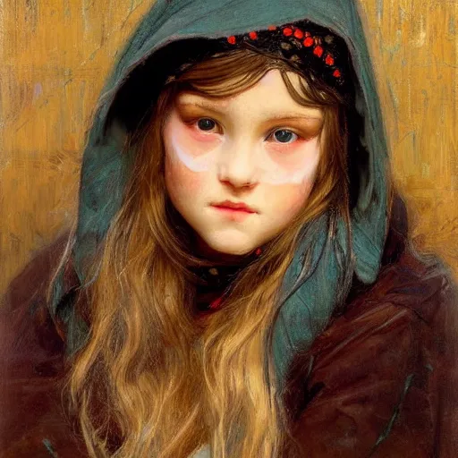 Image similar to portrait of a girl covered in scars wearing a black hood, extremely detailed painting by gaston bussiere and j. c. leyendecker 8 k