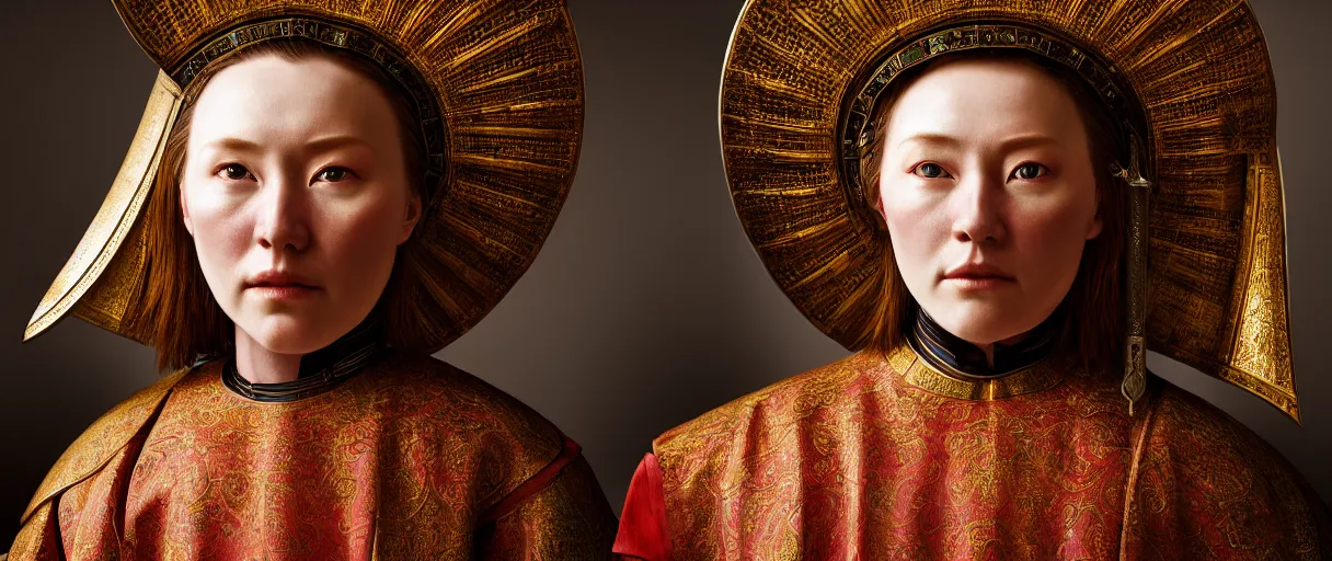 Image similar to hyperrealist highly detailed english medieval portrait of a woman wearing traditional mongolian armor, concept art pascal blanche dramatic studio lighting 8k wide angle shallow depth of field