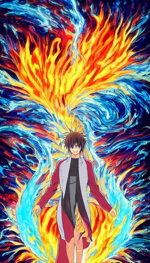 Image similar to a high quality anime still of fire and water mixing together, conveying a sense of balance inspired by the Temperance tarot card psychedelic ,