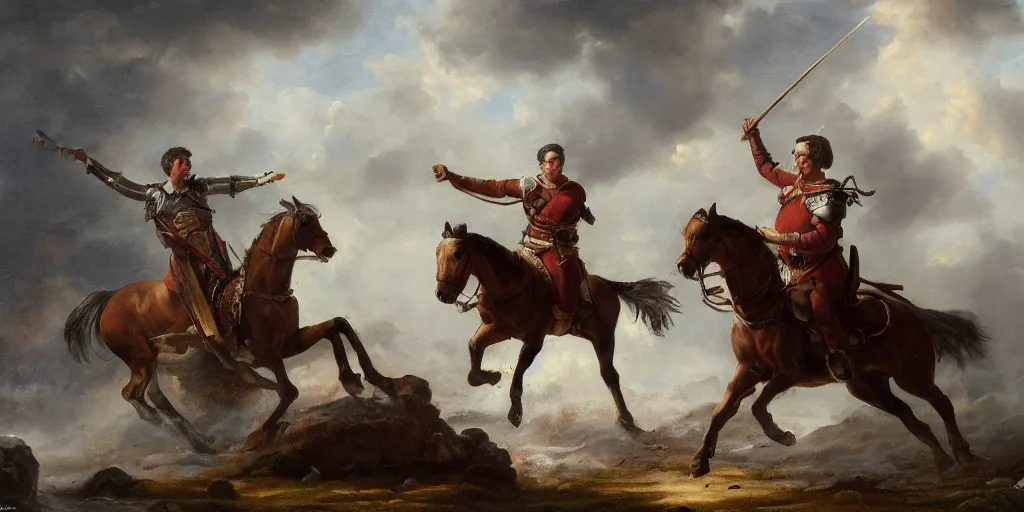 Image similar to Highly detailed and atmospheric Romantic-period oil painting of Julius Caesar riding a horse, dynamic lighting, 8K