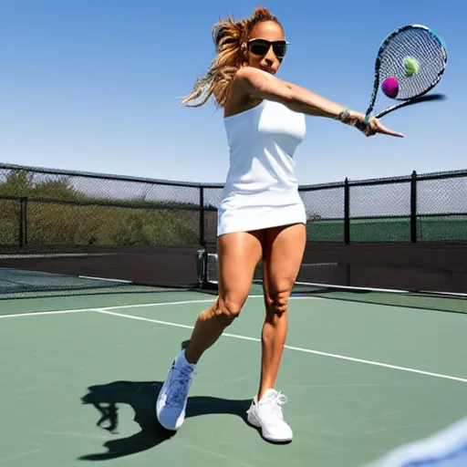 Image similar to photo of Jennifer Lopez playing tennis on her own private court.