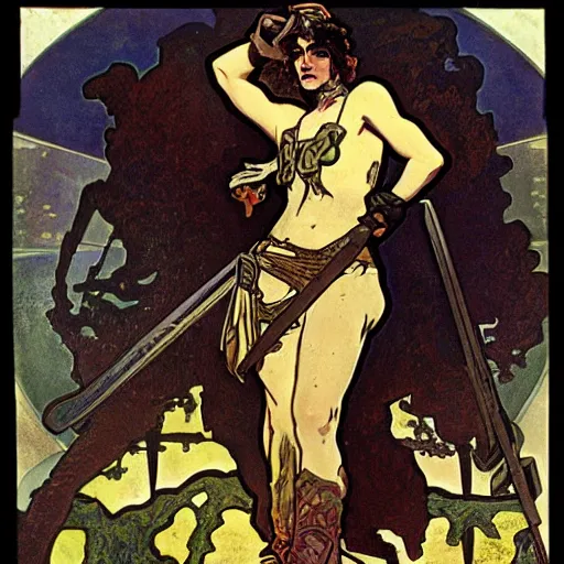 Prompt: postapocalyptic warrior, painted by alphonse mucha