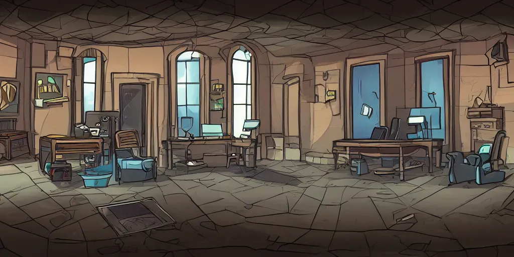 Prompt: a point and click game background viewed from the side, platformer view with depth and parallax, part of the screen, interior of the house showing private investigator office, with background, middle ground and foreground, 2D style, a large desk with chair in the middle and doors on the left