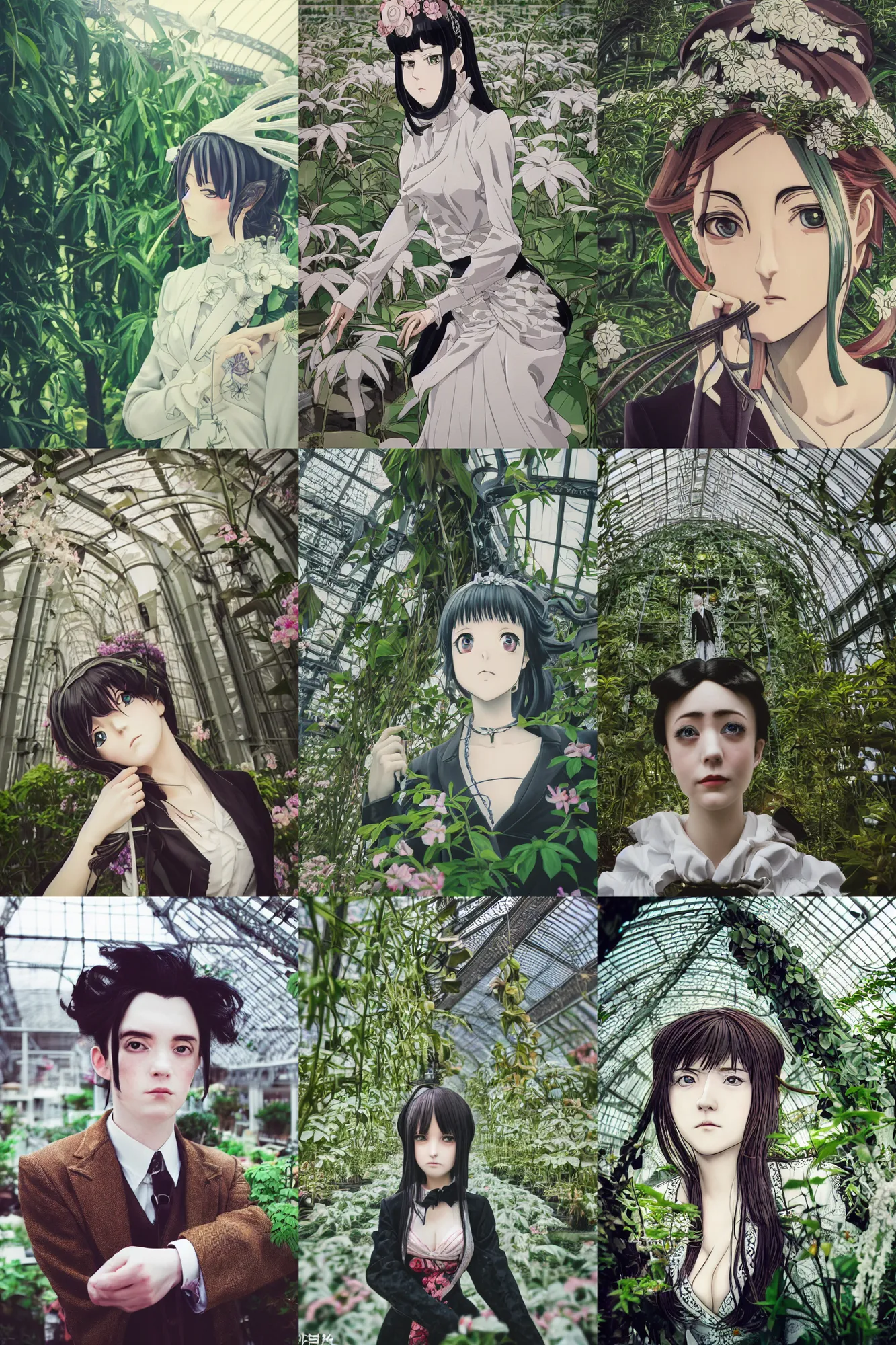 Prompt: Kodak portra 160, 8K, highly detailed, seinen manga 3/4 extreme closeup portrait, eye contact, focus on art nouveau suit, tilt shift Victorian anime greenhouse background: famous artist in zaha hadid anime remake, Dance scene