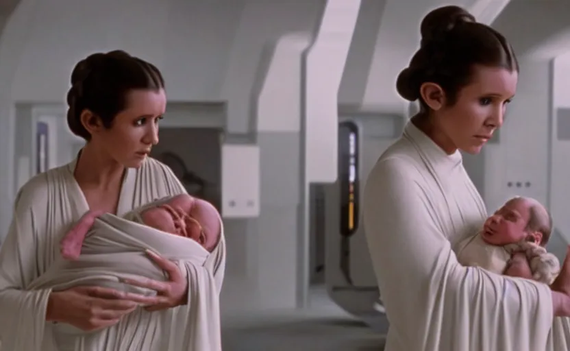 Image similar to screenshot of Princess Leia Organa holding a new born baby in a swaddle, Han Solo watches, iconic scene from 1980s Star Wars film directed by Ridley Scott, in a sci fi nursing home architecture, last jedi, 4k HD sharp, cinematic still frame, photoreal, detailed face, moody lighting, stunning cinematography, anamorphic lenses, kodak color film stock