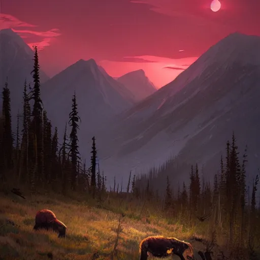 Prompt: illustration of an alaskan wildness just before darkness, strange red glow in the sky, greg rutkowski