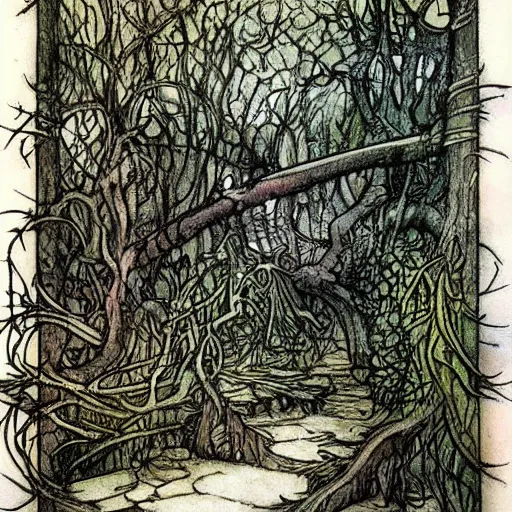 Image similar to fantastic underwater world, environment, building, faerie magic, cast iron fence, thorns, briarwood, overgrown, by Arthur Rackham,full colour, extremely detailed