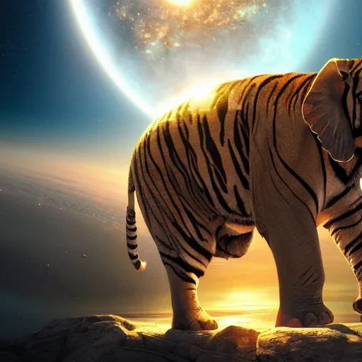 Image similar to planet - sized tiger elephant in space, next to the sun and stars, very wide shot, epic composition, hyper detailed, digital art, trending in artstation, cinematic lighting, studio quality, unreal engine 5 rendered, art style by klimt and nixeu and ian sprigger and wlop and krenz cushart