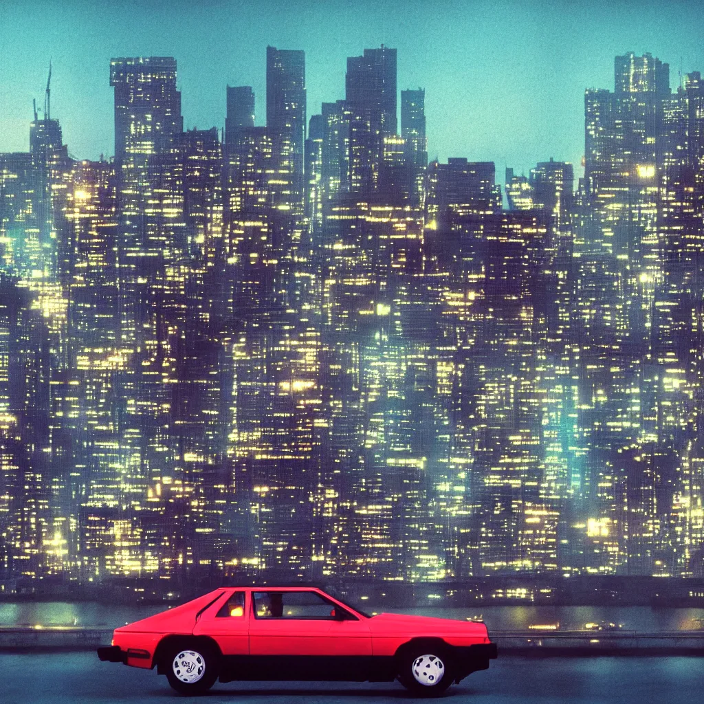 Image similar to 8 0 s neon movie still, portrait of a single car by the river with city in background, medium format color photography, blurred background, movie directed by kar wai wong, hyperrealistic, photorealistic, high definition, highly detailed, tehnicolor, anamorphic lens