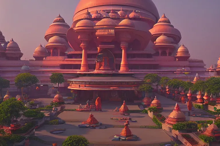 Image similar to beautiful futuristic new delhi, sci - fi ganesha!! building, kalighat flowers, octane highly detailed cinematic, stephen shore & john j. park, soft morning light, wide shot, aerial shot, uhd 8 k, shallow depth of field