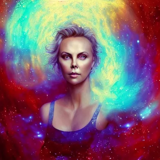 Image similar to “ seraphim deity charlize theron portrait, heavenly nebula space, atmospheric lighting, painted, intricate, volumetric lighting, beautiful, rich deep colours masterpiece, golden hour, sharp focus, ultra detailed, holographic art glowing soul emitting energy, by leesha hannigan, ross tran, thierry doizon, kai carpenter, ignacio fernandez rios ”