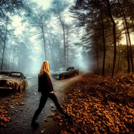 Image similar to beautiful blonde female cop walking through forest of crashed cars, wide shot, full perspective, curvy, mystery, fog, night time, starry skies.