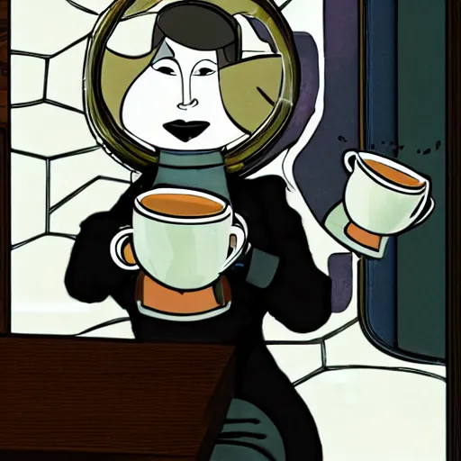 Prompt: photo of glados drinking tea