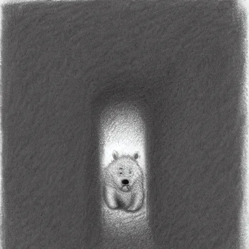 Image similar to charcoal drawing of a small bear about to enter a large hedge maze, the bear is white, illustrated by chris van allsburg, illustration, masterful, volumetric light, subdued, greyscale