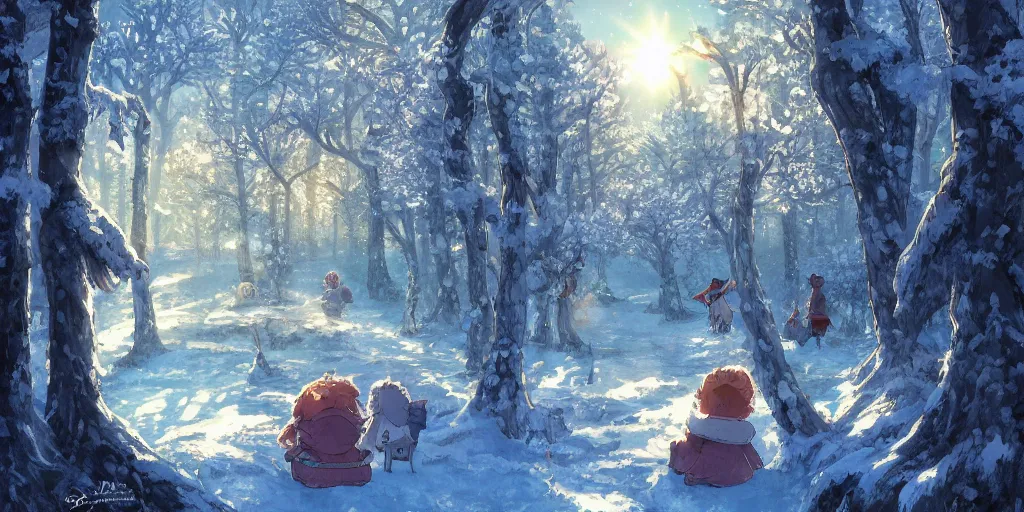 Prompt: high quality illustration of an enchanted magical winter forest : : day time, sunshine, glowing snow, amazing mood : : art by daisuke tsutsumi and ghibli studio, artstation art