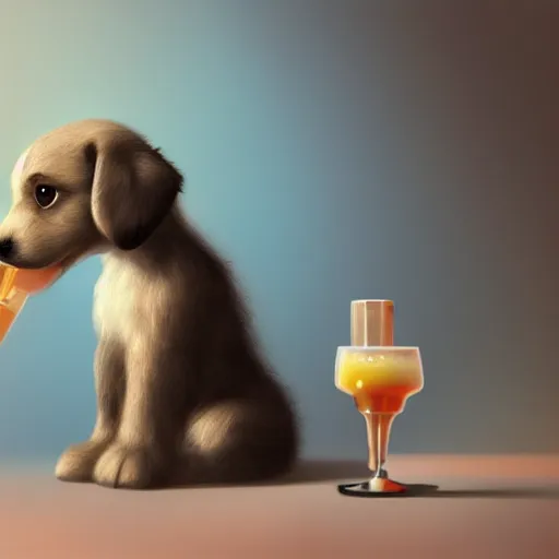 Image similar to cute puppy drinking juice, masterpiece, 8k, fantasy, cinematic lighting, highly detailed, digital painting, artstation, smooth, sharp focus, illustration, by Pixar