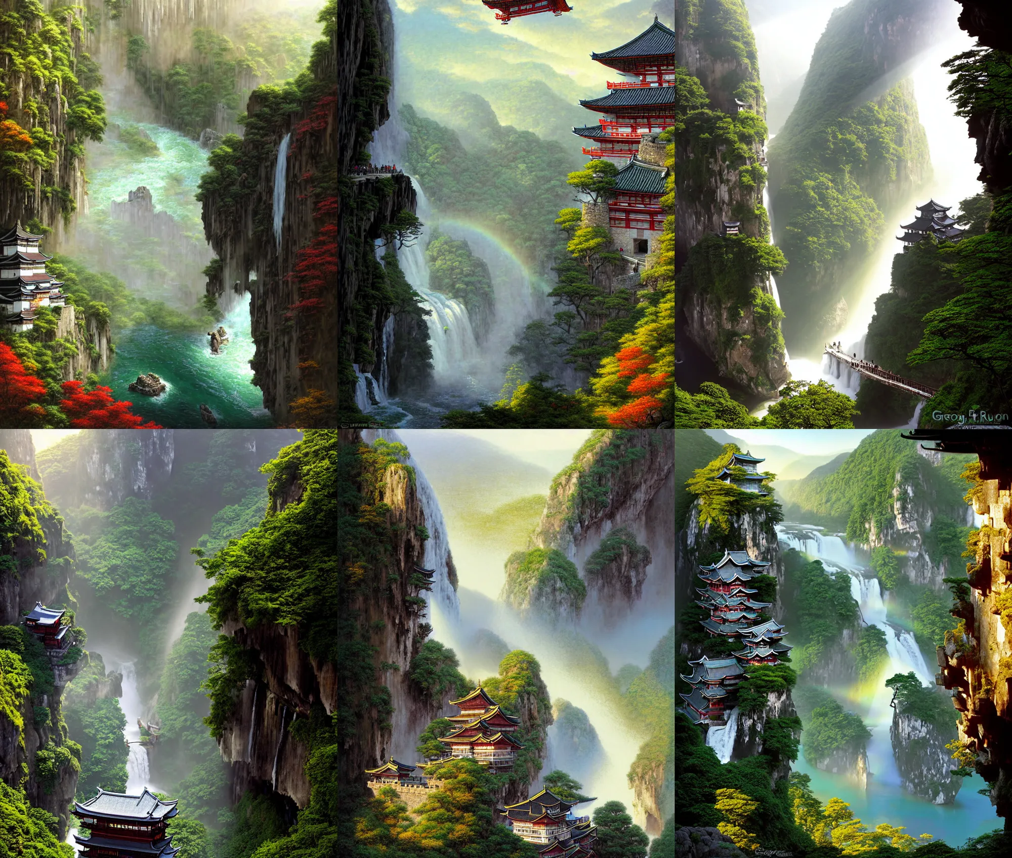 Prompt: establishing wide shot inside han son doong with waterfalls on either side of the cliff walls, at the top of the cliff is a japanese castle, a cloister is built into the cliff walls, an old suspension bridge spans the walls, sunny morning light, sunbeam, saturated colors, detailed digital concept art by greg rutkowski and gerald brom and albert bierstadt and canaletto