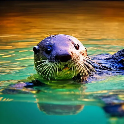 Prompt: One man and one otter swimming alongside him. Award-winning, front view, daylight, photoreallrstic, 4k