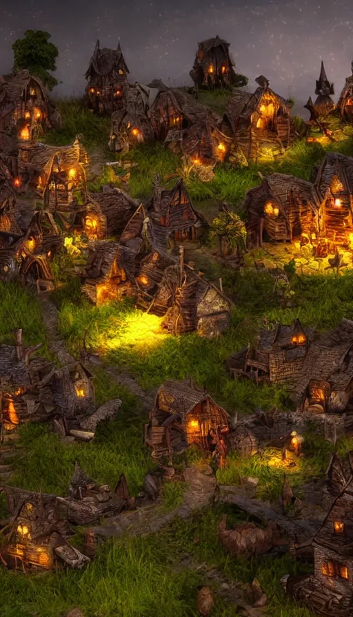 Prompt: a goblin village near a river at night, photorealistic, 8k, high detail, high quality, dramatic lighting, HDR