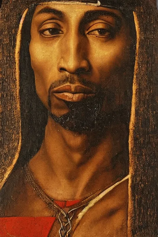 Image similar to A Renaissance portrait painting of Tupac Shakur by Giovanni Bellini and Leonardo da Vinci